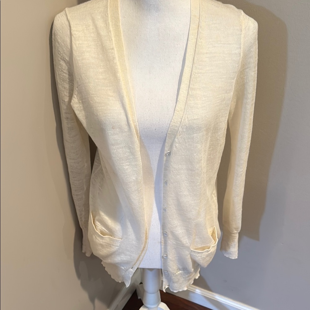 J Crew linen blend semi sheer v neck cardigan sweater with buttons and pockets